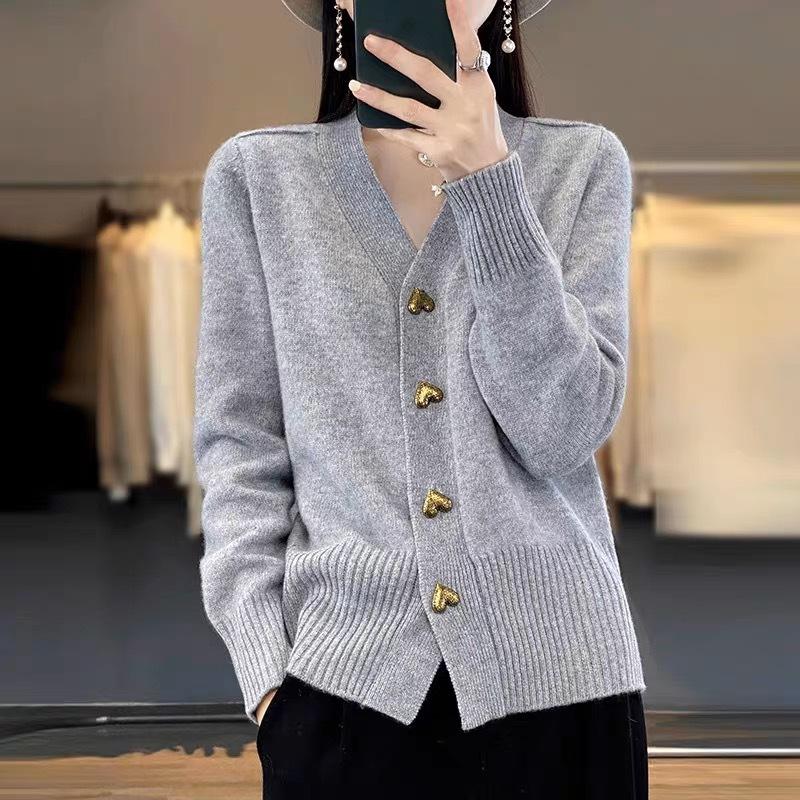Autumn Winter Solid Minimalist Knit Top Heart Button V Neck Womens Cardigan Loose Sweater