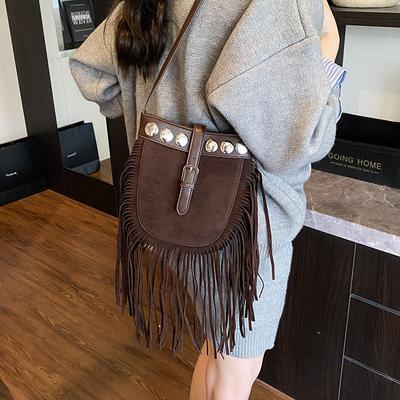 Vintage Matte Bag Women's Autumn and Winter New Tassel Bohemian Messenger Bag Shoulder Bucket Bag