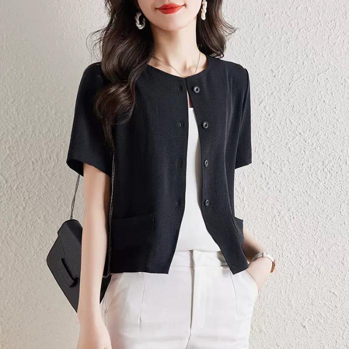 

Half Sleeve Shirt Women s Summer Short Cardigan Shirt Pocket Temperament Jacket Short Sleeve Top Skinny 2XL чорний
