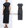 Autumn New Women Clothes Minimalist Round Neck Back Slit Slim Fit With Belt Midi Dress 3564154