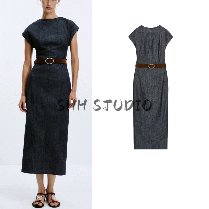 Autumn New Women clothes Minimalist round Neck Back Slit Slim fit With Belt Midi Dress 3564154
