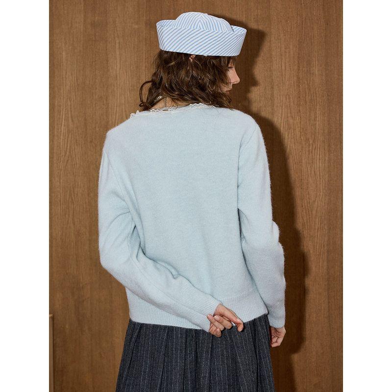 Coolhut Lace Patchwork 2025 Autum Women's Bow Lace Loose and Versatile Knitted Cardigan