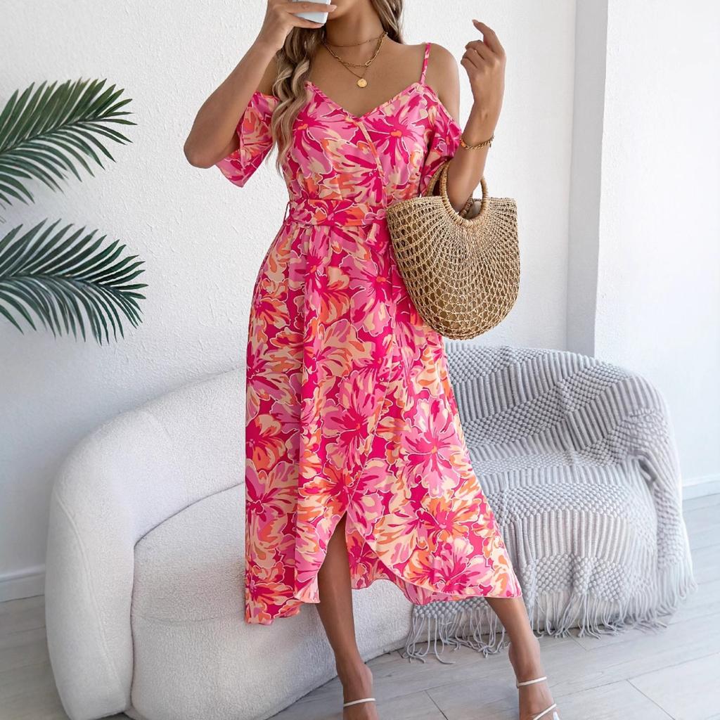 2025 New Fashion Trend Spring Summer Off-the-shoulder Crossover V-Neck Flower Suspendron Maxi Dress Resort Dress Women's