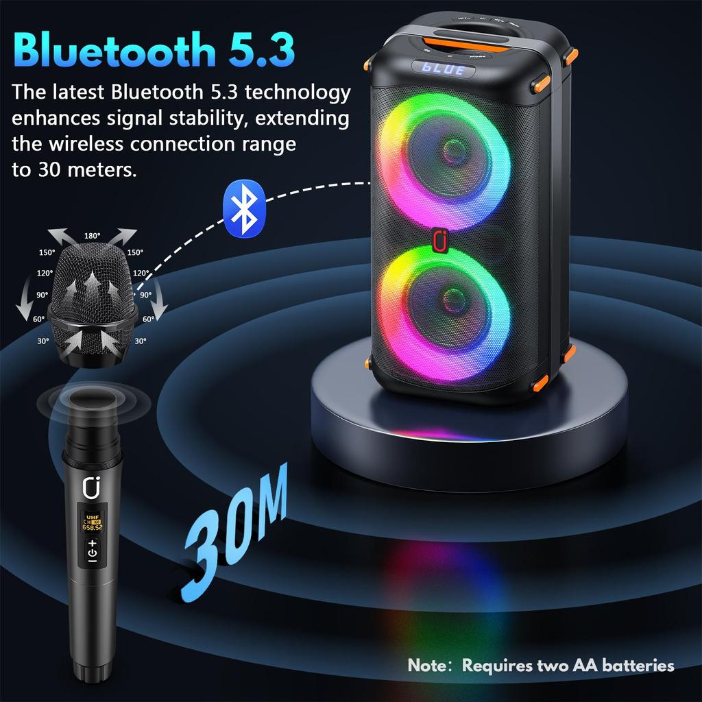 2 Kablosuz Mikrofonlu Karaoke Makinesi, Ev Partisi Dış Mekanlar İçin Taşınabilir Bluetooth 5.3 Karaoke Hoparlörü, Yankı Ayarlı Yetişkinler İçin PA Sistemi