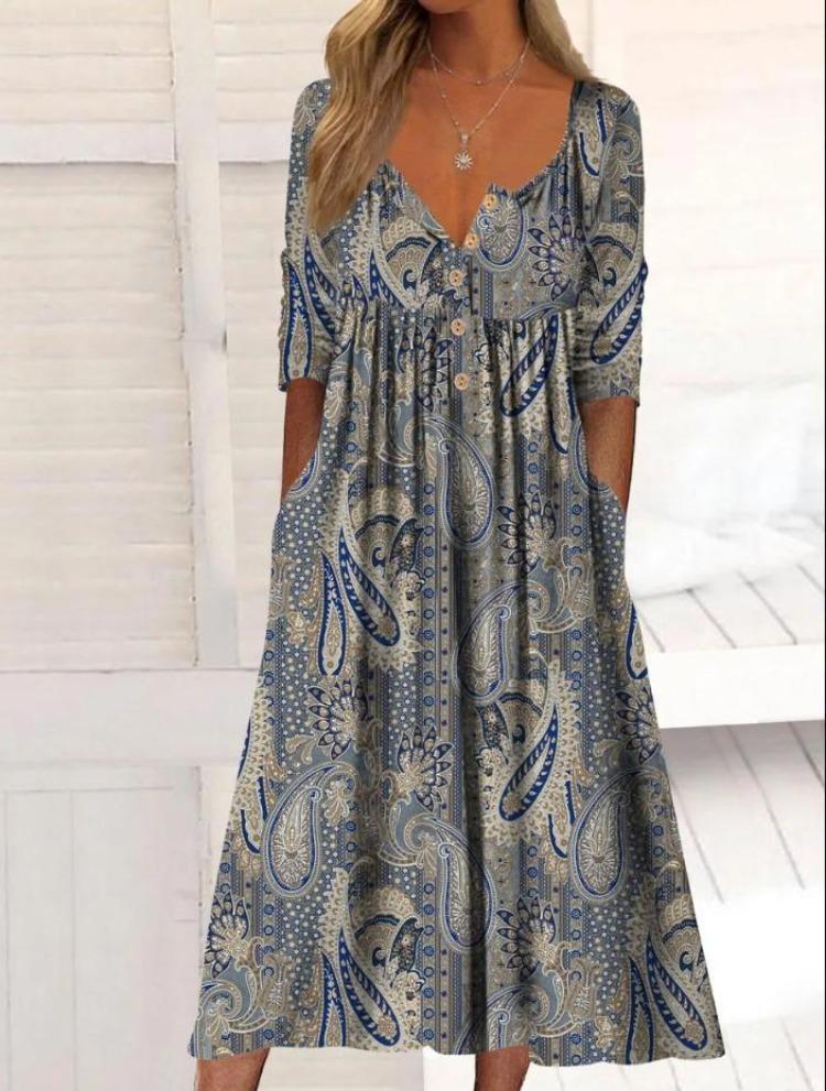 Buttoned Maxi Dress with Pocket Printed Cardigan Style Womens Dress