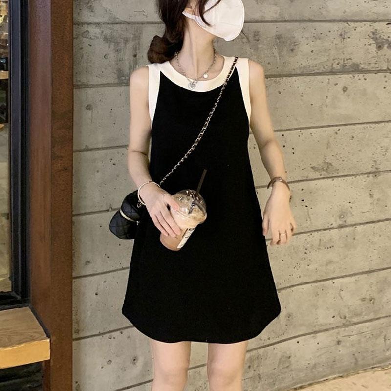 American Retro Patchwork Mini Dress Summer Contrasting Colors Stylish Sleeveless Women's Clothing O-Neck Casual A-Line Dresses