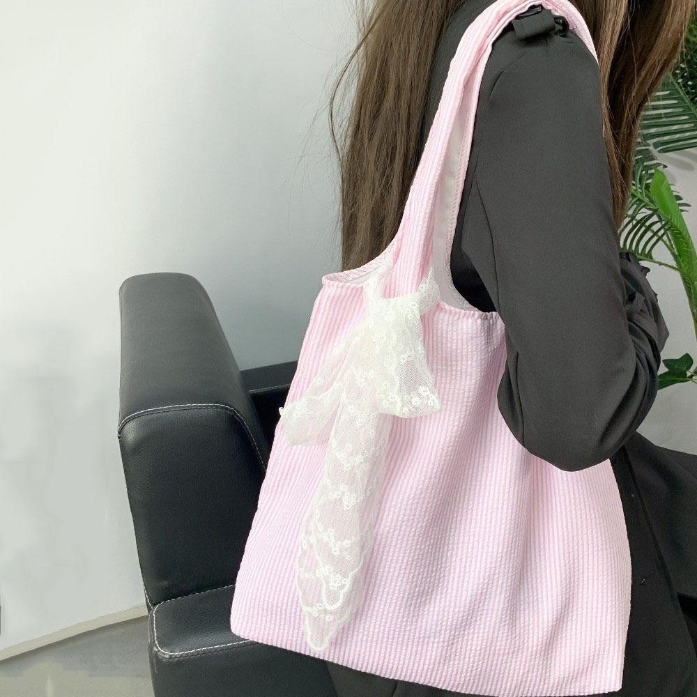 Canvas Striped Shoulder Bag Literary Style Large Capacity Underarm Bag Canvas Hobo Bag  Shopping