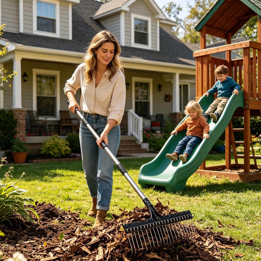 Grass Farming Rake Durable Garden Leaf Rake Adjustable Ergonomic Multi-Purpose Metal Rake for Grass Leaves Gardening Lawn Shrub