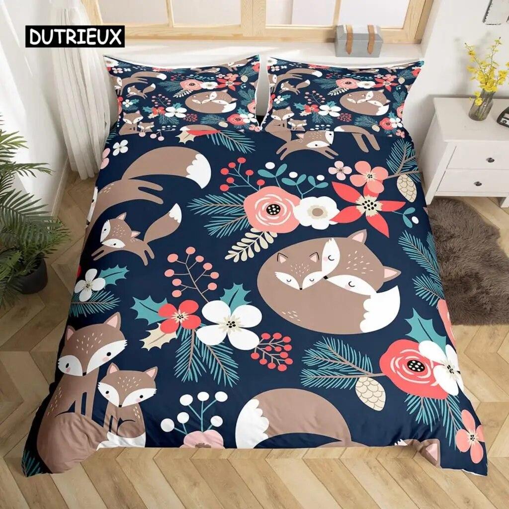 Cartoon Fox King Queen Duvet Cover Lovely Orange Animal Floral Bedding Set Kids Girls Flowers Plant 2/3pcs Polyester Quilt Cover Three Piece Set