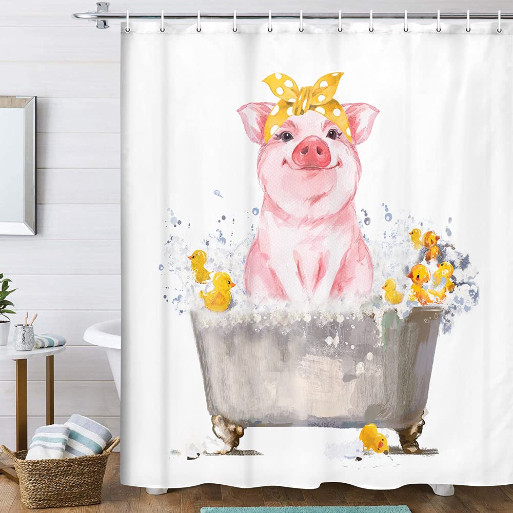 Pink Pig Shower Curtain, Lovely Animal Piggy Bath Curtain Western Animals Bathroom Decor Romantic Rose Flowers Bathroom Curtain W90xH180cm(35x70 in)