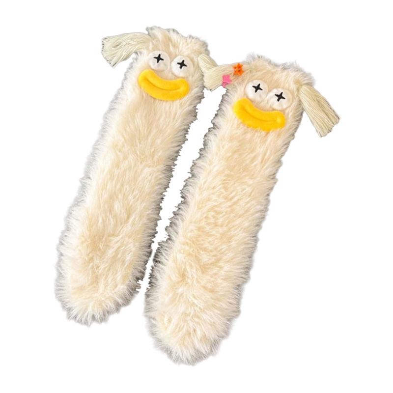 

Y2K Fuzzy Socks for Women Winter Warm Coral Fleece Floor Socks Cute 3D Sausage Mouth Doll Furry Socks for Home Sleeping бежевий