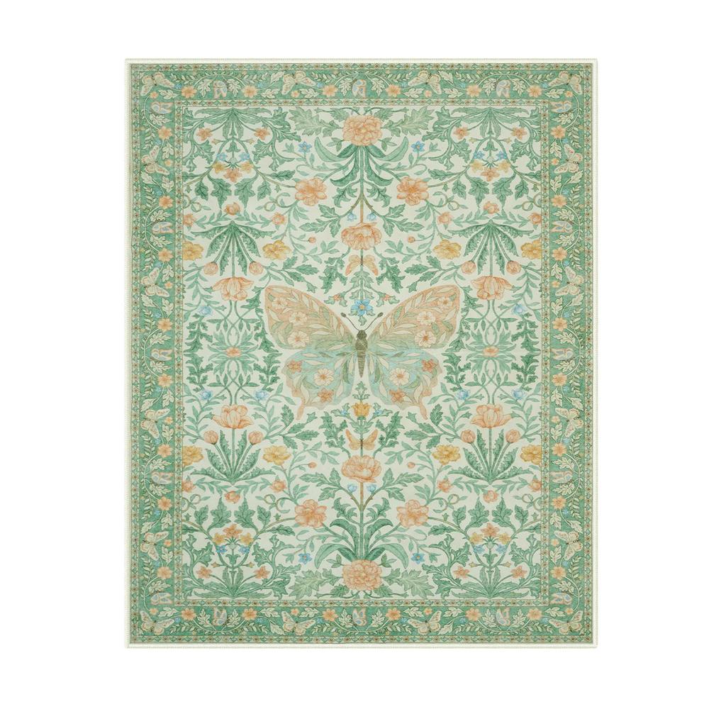 Tappeto Rosa Floreale con Farfalle Vintage Estetica Floreale Gotico Riccamente Decorato Arredamento Casa Tappeto Soggiorno Antiscivolo Lavabile Tappetino Boho per Pavimento
