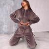 Casual European and American Women's Fashion Hooded Suit Solid Color Long-sleeved Zipper Waist Cardigan Lace-up Pants Two-piece Set
