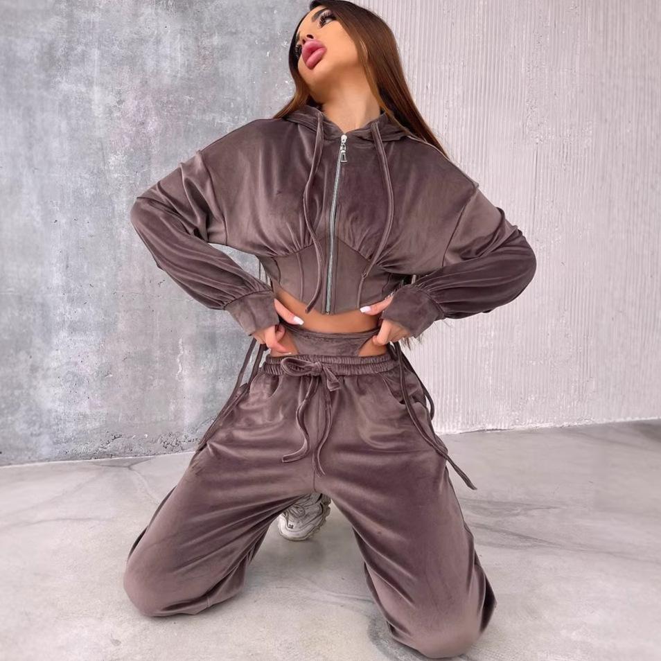Casual European and American Women's Fashion Hooded Suit Solid Color Long-sleeved Zipper Waist Cardigan Lace-up Pants Two-piece Set