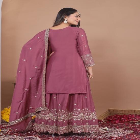 Mauve Silk Blend Embroidered Sharara Suit Set with Dupatta