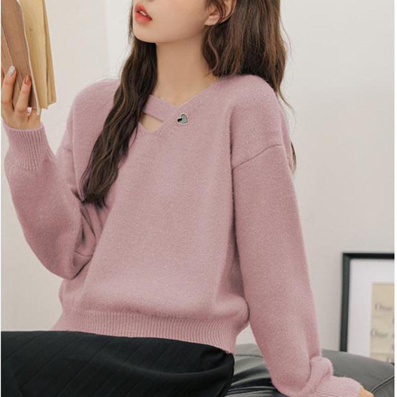 V-neck Inner Sweater Women's Autumn and Winter New Lazy Style Japanese Retro Short Knitted Pullover Solid Top
