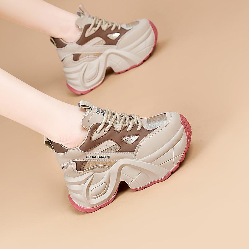 Women's Autumn and Winter Thick-soled Casual Genuine Leather Breathable Sports Shoes with Inner Height Increase Dad Shoes