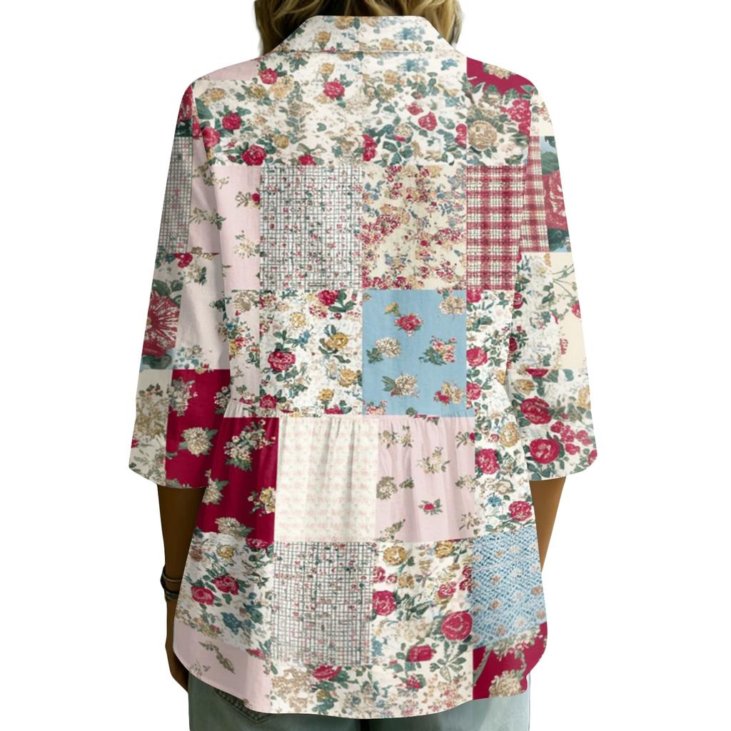 Women's Button Front Patchwork Floral Print Shirt Three Quarter Sleeve Loose Fit Blouse with Collar and V Neckline