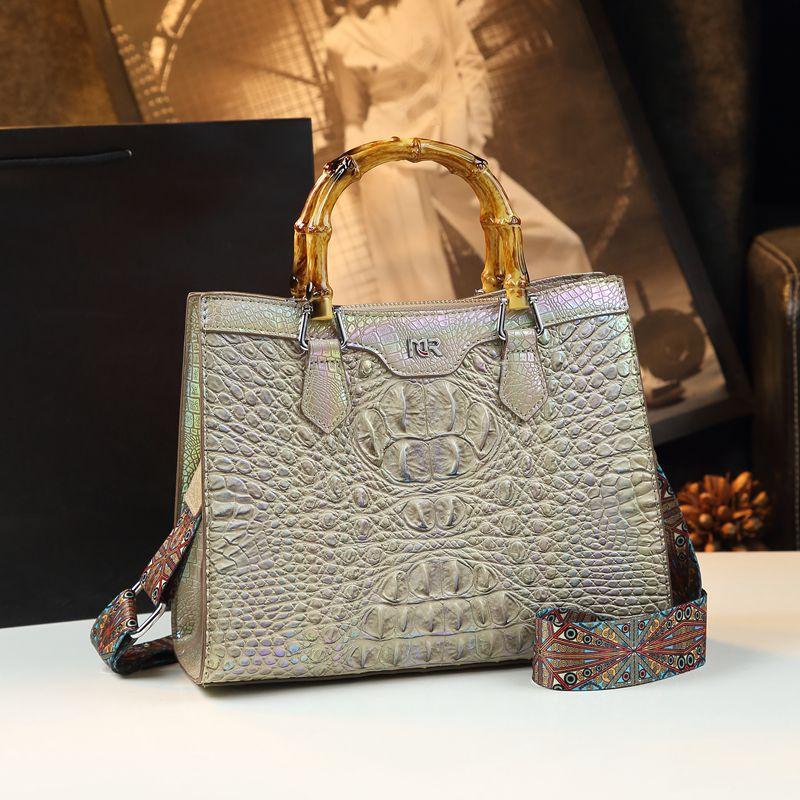 Crocodile Print Bag, High-end Style, Bamboo Joint Hand-held Tote Bag, Versatile Leather Women's Bag