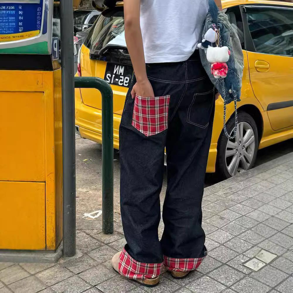 RogueWave Amerikansk Retro Rutig Patchwork Rullad Kant Damjeans High Street Harajuku Lös Vid Ben Raka Ben Herr- och Dambyxor