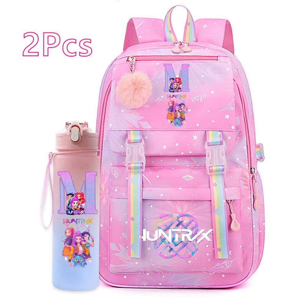 2 Stück/Set Ainme K-Pop Demon Hunters Rucksack mit englischem Buchstabenaufdruck mit Wasserflaschenhalter für Teenager Mädchen Jungen Schultasche Reisetasche
