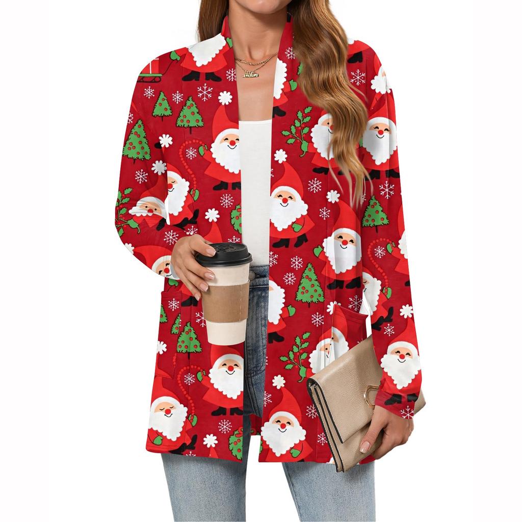 Women's Christmas Printed Lightweight Cardigan Long Sleeved Casual Loose Thin Fit With Pockets Cardigan Jacket