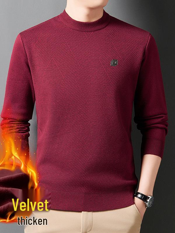 Men's Solid Color Half-High Collar Fleece Knit Sweater - Warm, Casual Base Layer Shirt
