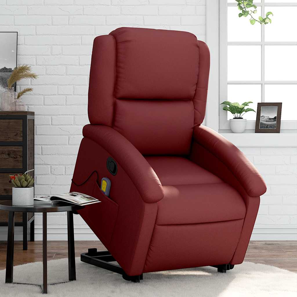 Massage Recliner with Rising Function Burgundy Artificial Leather