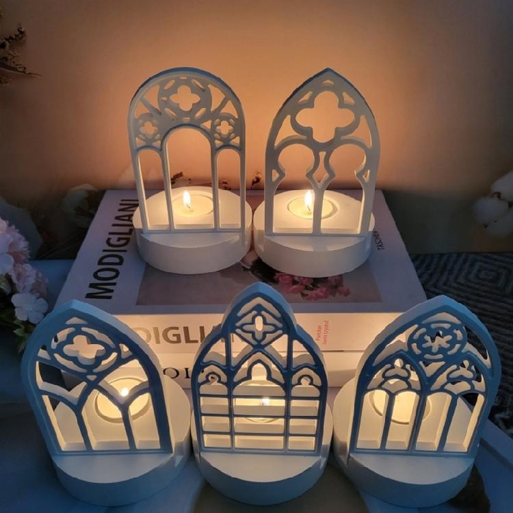 5pcs Candlesticks Silicone Molds Gothic House Candle Holder Castings Molds