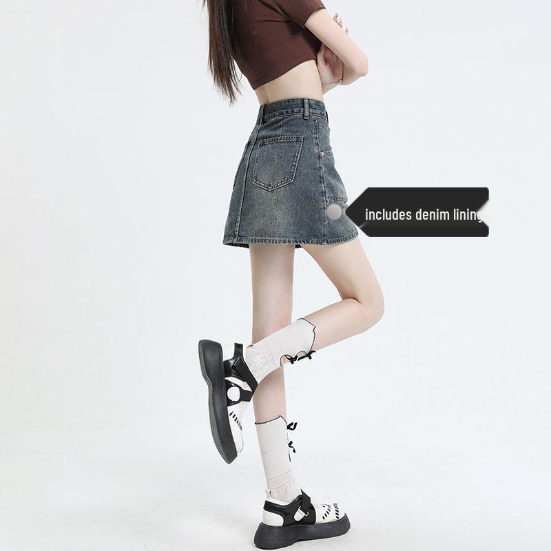High-Waisted Denim A-Line Mini Skirt for Women - 2025 Spring/Summer Slimming Design, Petite-Friendly Midi Length.