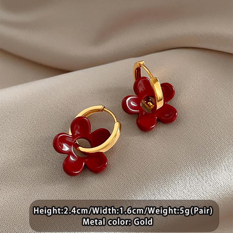 

Ankela Red Enamel Flower Pendant Ear Buckle New Year Party Style Jewelry Earrings For Women‘s Elegant Trendy Ears Accessories