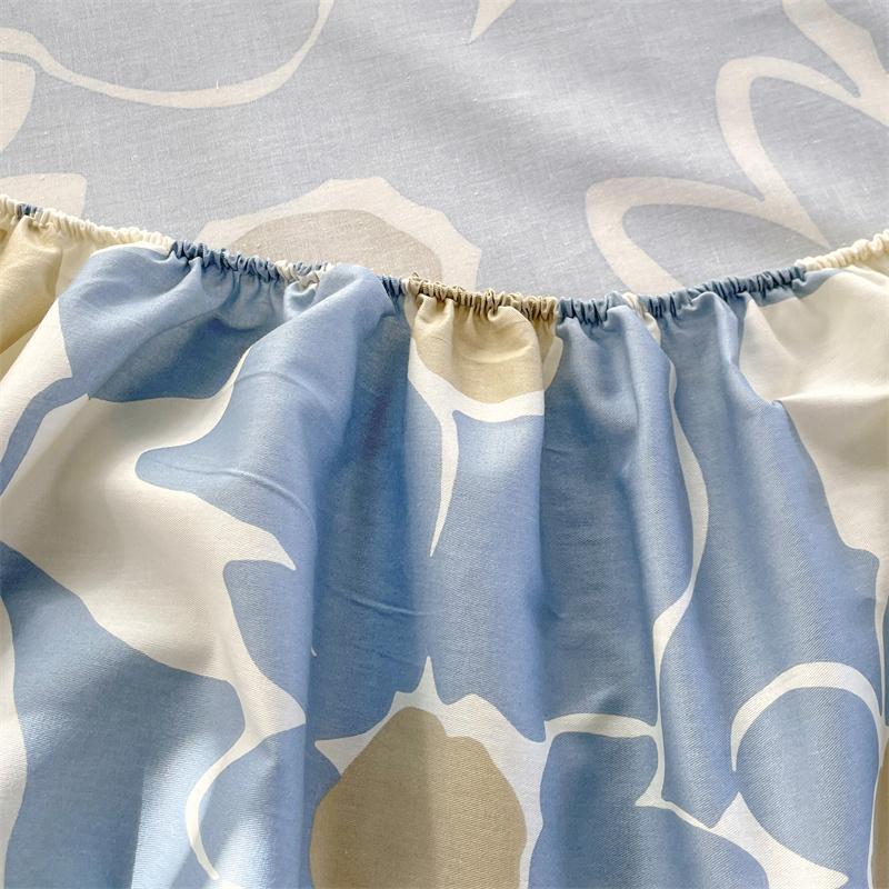 Blue White Floral Pattern Fitted Sheet Set Abstract Flowers Cotton Bedding Set Skin-friendly Non-slip Bedspread with Pillowcases