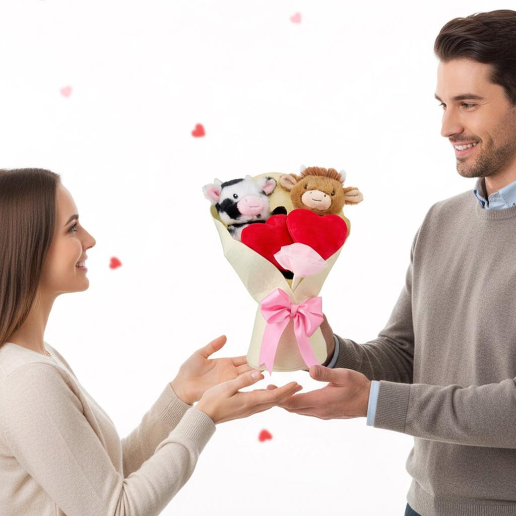 1/2 Stück Hochlandrind Plüschtier Weiches gefülltes Herz und rosa Schleife Strauß Niedliche Cartoon-Tier-Spielzeuge für Jungen Mädchen Geburtstagsgeschenk