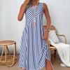 Round Neck Color Block Striped Midi Dress Sleeveless Loose Fit Side Hidden Pocket Irregular Split Hem Casual Daily Sundress