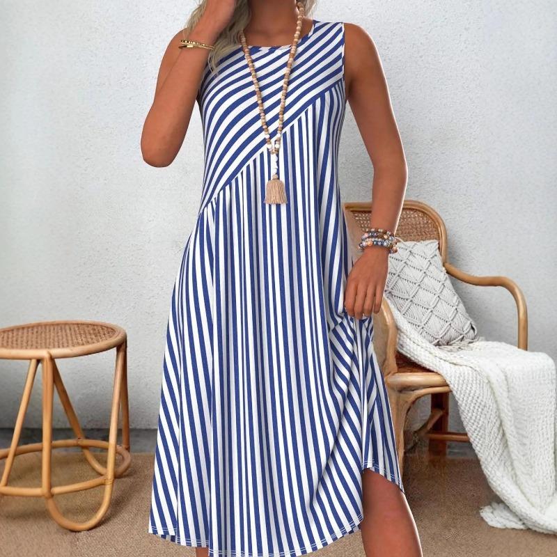 Round Neck Color Block Striped Midi Dress Sleeveless Loose Fit Side Hidden Pocket Irregular Split Hem Casual Daily Sundress