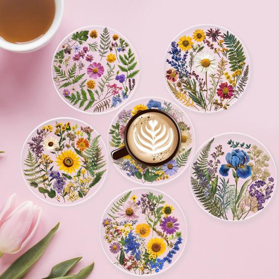 Conjunto de 6 Porta-Copos Florais Acrílico 2D para Xícara de Café à Prova d'Água Resistente ao Calor para Decoração de Mesa de Casa Bar Festa Fofo