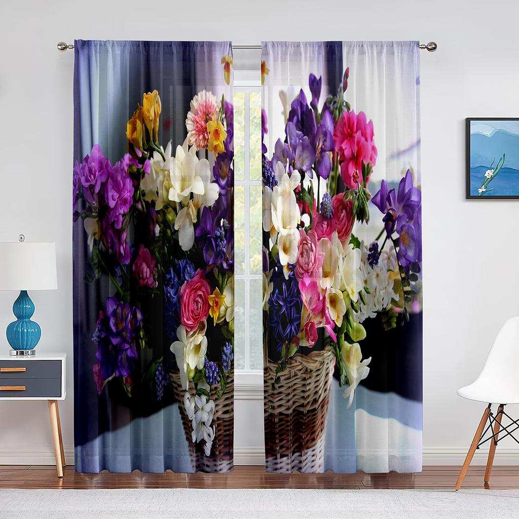 Blommande Träd Körsbärsblom Lila Gul Vita Blommor Skir Voilegardin för Vardagsrum Sovrum Inredning Tyllgardiner Draperier