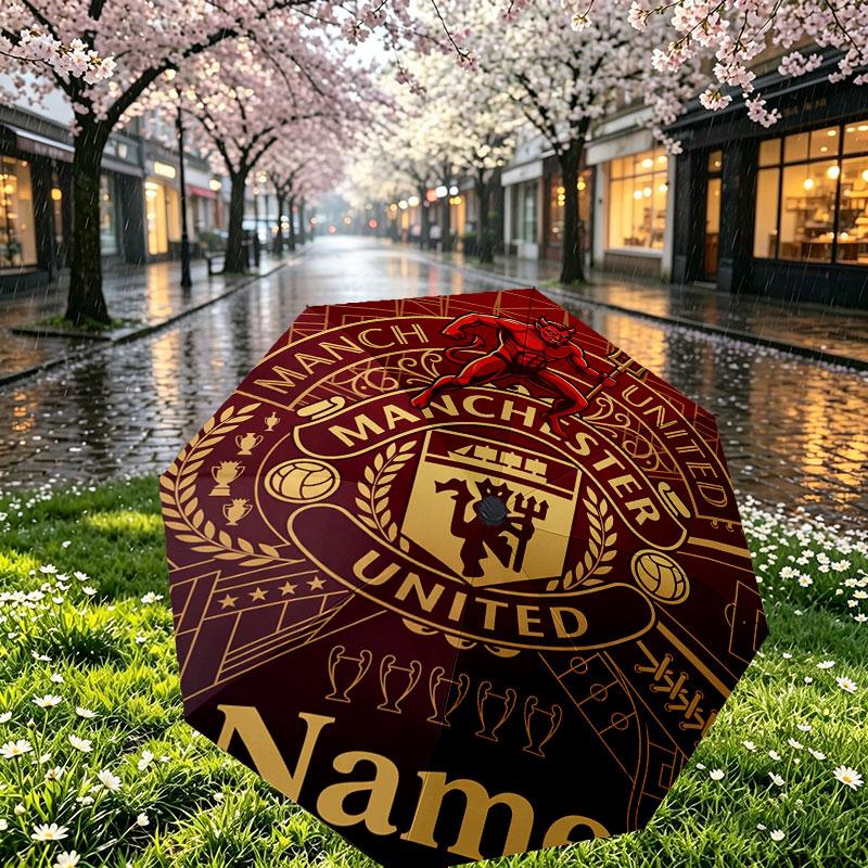 Custom Name Personalized Manchester United Print Umbrella, Auto Open Close, 8‑Rib Sturdy Frame, Commute Camping Hiking Use, Birthday Gift