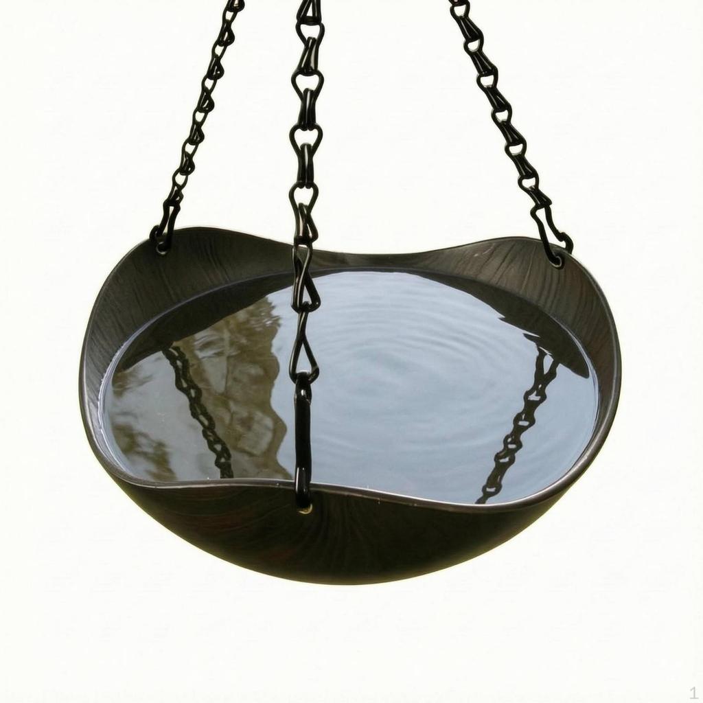 Hanging Bird Bath Feeder WoodGrain Suspended Black Chain for Patio Light Wood Grain