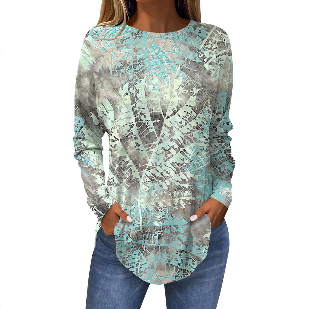 Camiseta de mujer con estampado de hojas en 3D, manga larga, cuello redondo, estilo clásico, ideal para vacaciones, fines de semana, primavera y otoño.