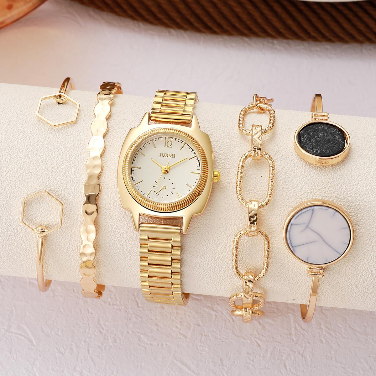 

Новые золотые простые и свежие часы с роскошным чувством дизайна, модный тренд, женские часы для меньшинств, ювелирный набор из пяти предметов золотой