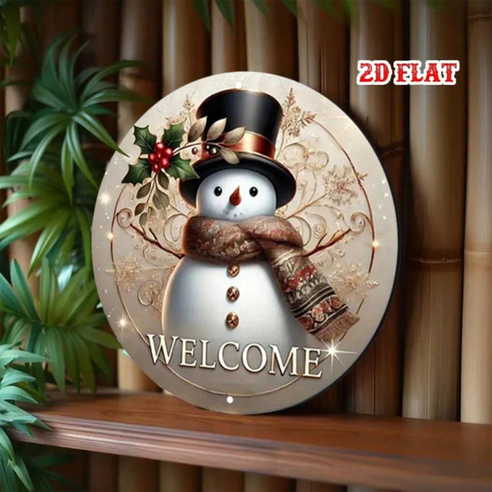 Vintage Snowman Metal Wall Art Round Rustic Christmas Decor Farmhouse Holiday Welcome Sign Winter Home Decor Aluminum Gift