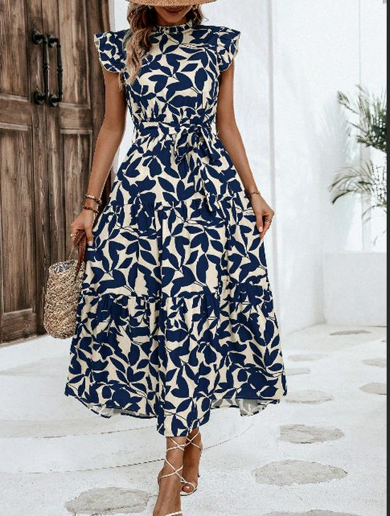 2026 Spring/Summer European and American Style Printed Round Neck Flutter Sleeve Fashion Dress for Women