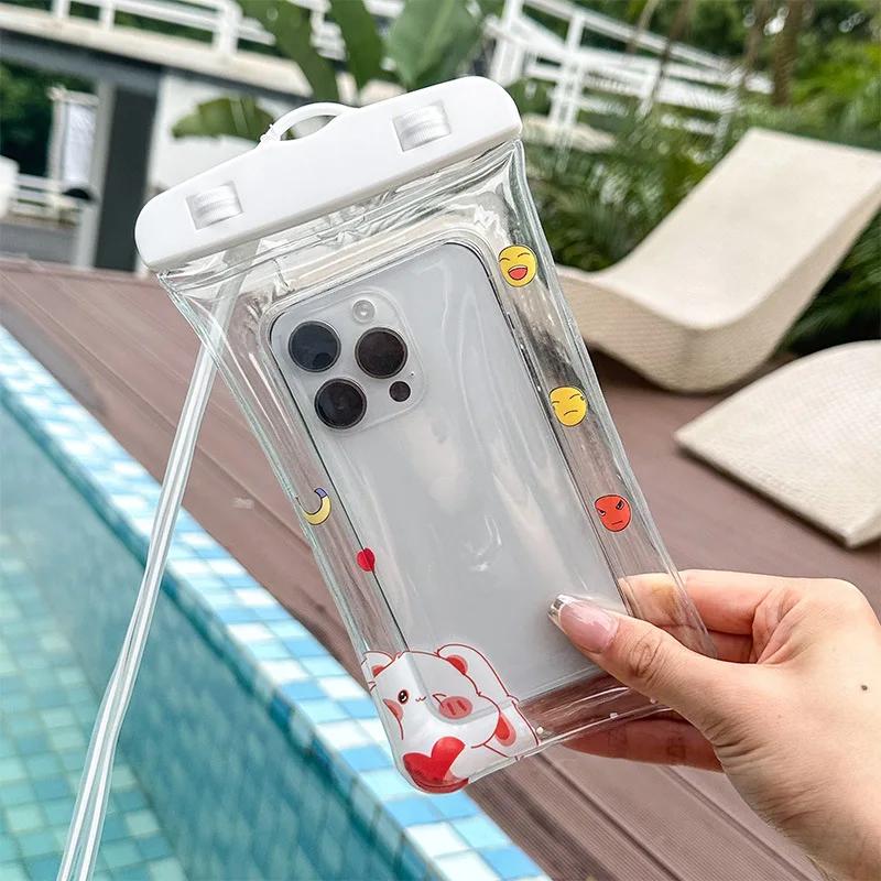 Cartoon Anti Sinking Air Waterproof Phone Bag Pouch for Apple IPhone Xiaomi Samsung Swimming Drifting Cute Touchable Lanyard