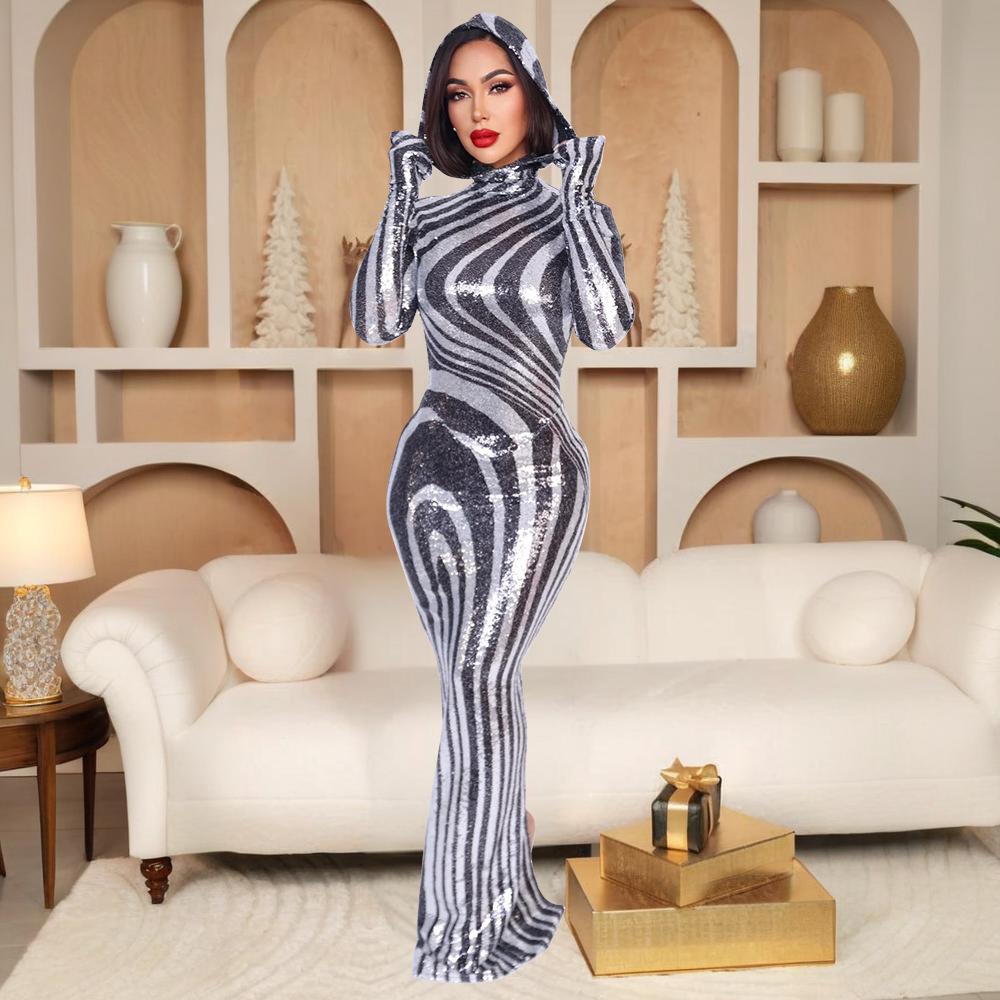 

Женское сексуальное платье с капюшоном и высоким разрезом XXL чёрный/белый