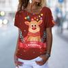 Christmas Elk Print Women's T-Shirt Kawaii Fashion Woman Clothing Oversized V-Neck Ladies Short Sleeve Tops Casual Pullover Tee