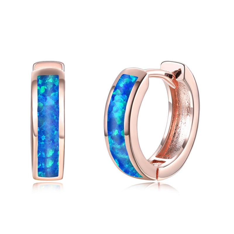 Classic Female Blue White Opal  Rose Gold Silver Color Wedding Earrings Dainty Bridal Round Hoop Earrings For Women