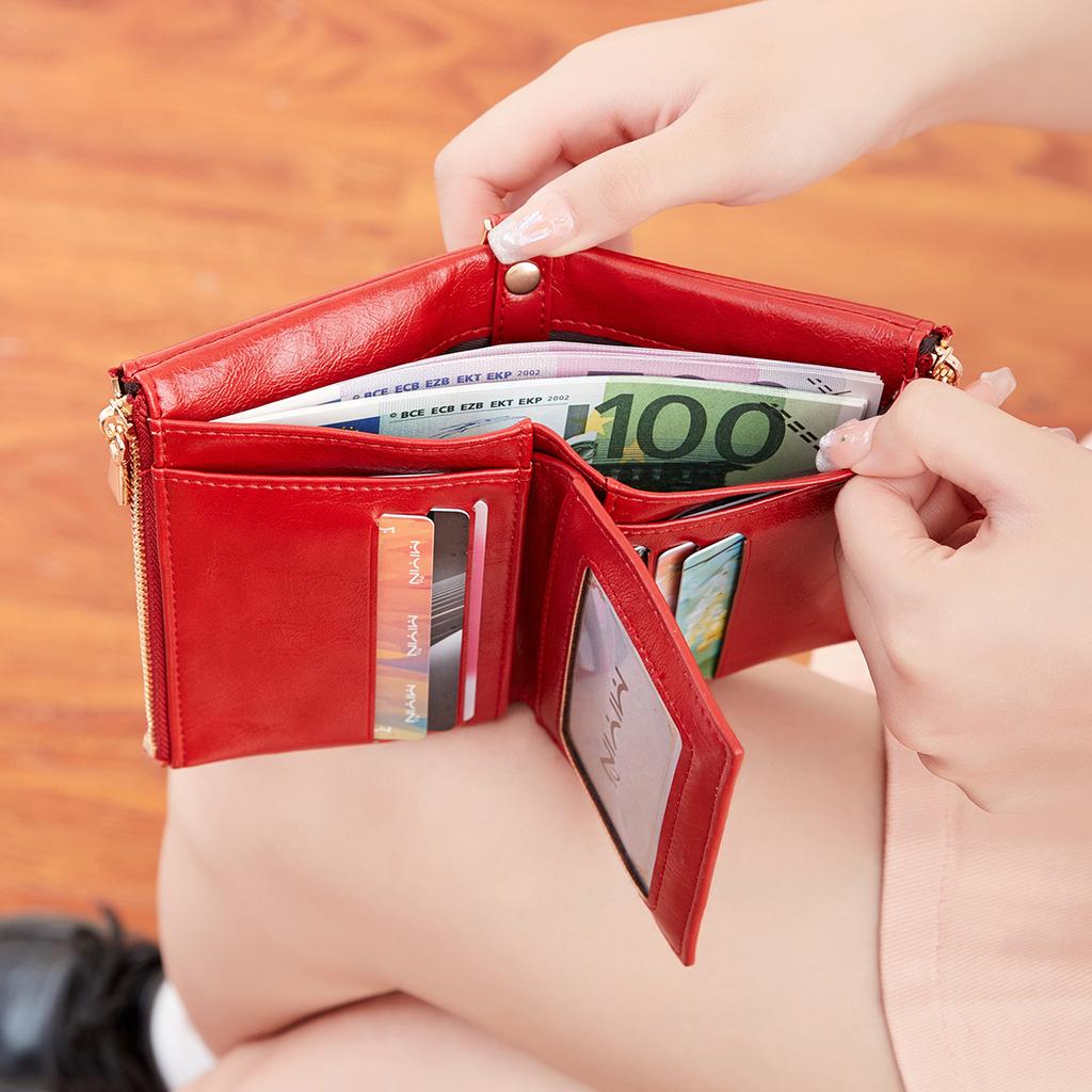 Three-fold Women's Short Wallet with Removable Small Card Holder, Multi-functional Large-capacity Double Zipper Change Bag.