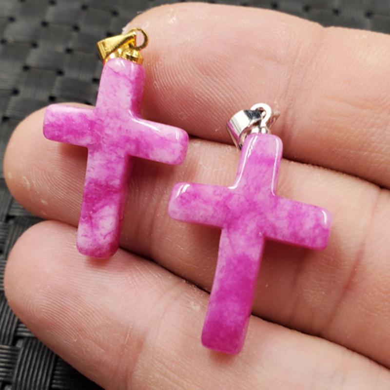 Peach Blossom Jade Cross Pendant with Pink Quartzite Necklace Gold Version 15x23mm