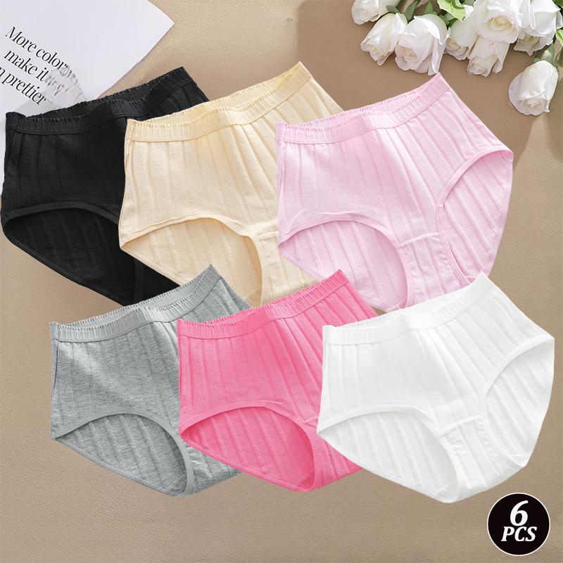 FINETOO 6PCS/SET Women Basic High Waist Striped Panties Cotton Breathable Daily Multi Color Set Butt Lifting Plus Size Comfort Underwear